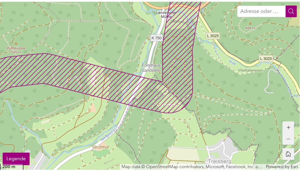 Der Detailausschnitt der Karte zeigt einen breiten Korridor, der unser Gemeindegebiet nahe des Landsteines unterhalb von Treisberg durchschneidet. 