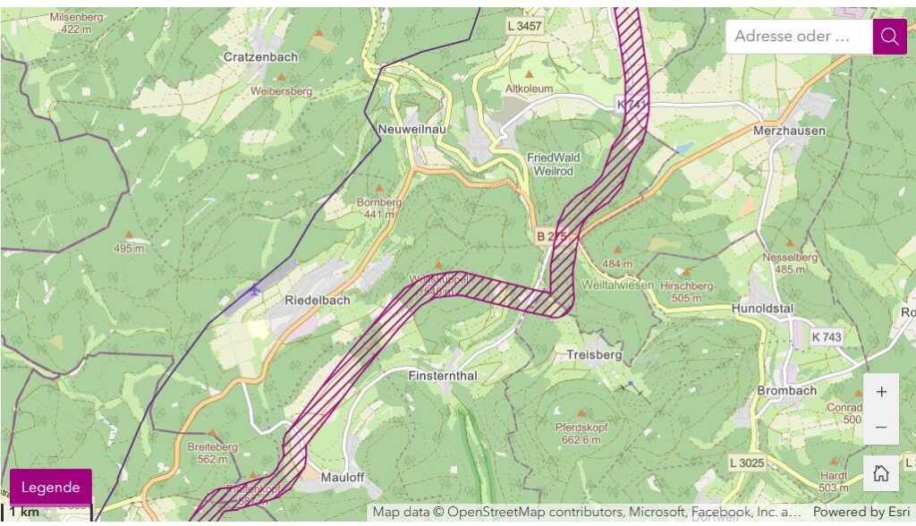 Die Übersichtskarte zeigt einen breiten Korridor, der unser Gemeindegebiet nahe des Landsteines unterhalb von Treisberg durchschneidet. 